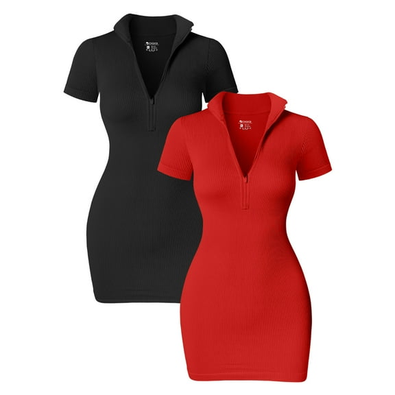 OQQ Women's 2 Piece Dresses Sexy Ribbed Zip Front Short Sleeve Stretch Tops Mini Dress