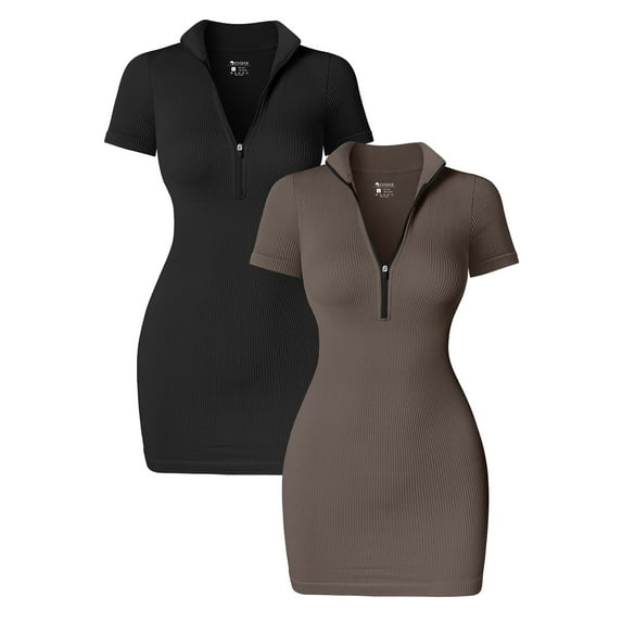 OQQ Women's 2 Piece Dresses Sexy Ribbed Zip Front Short Sleeve Stretch Tops Mini Dress