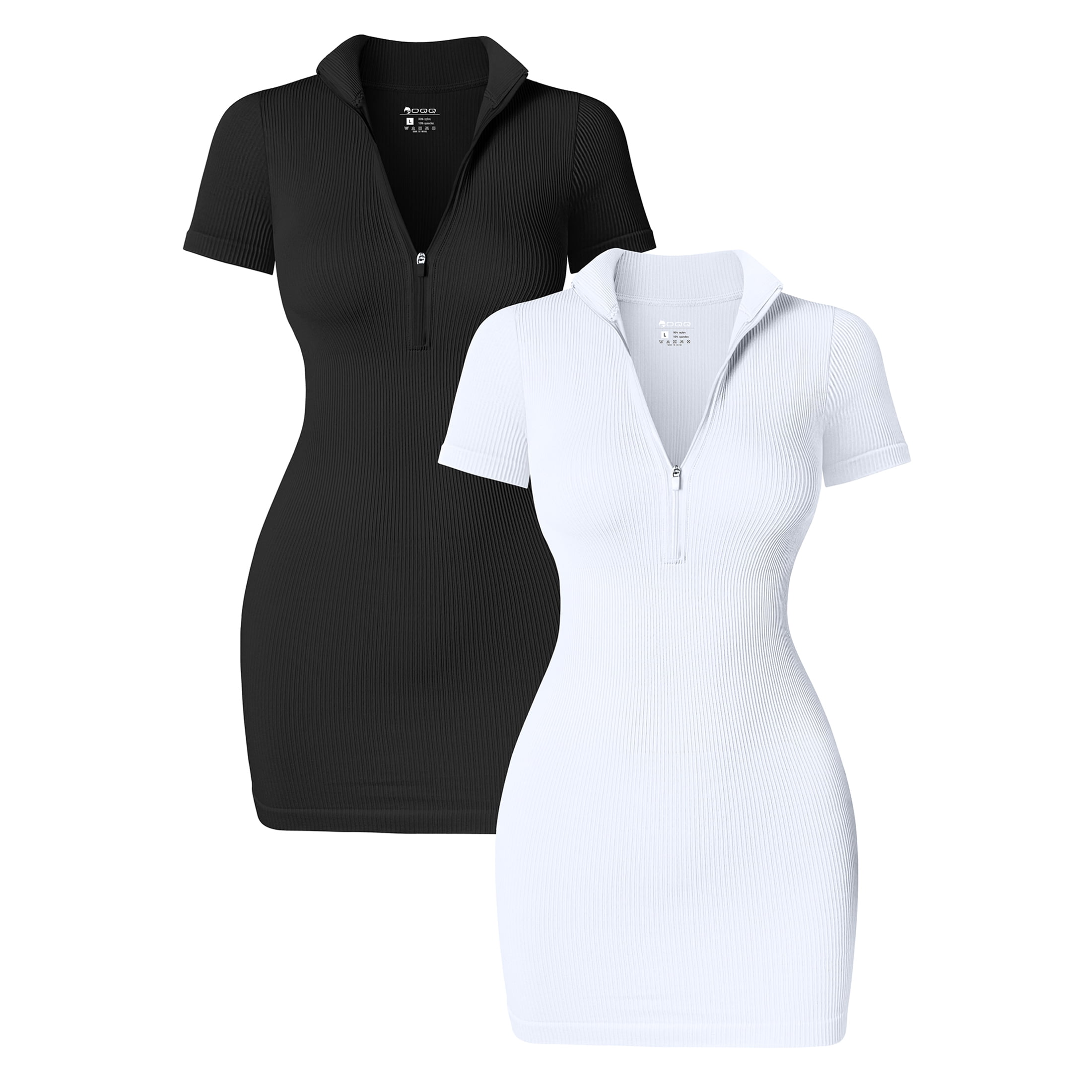 OQQ Women's 2 Piece Dresses Sexy Ribbed Zip Front Short Sleeve Stretch Tops Mini Dress