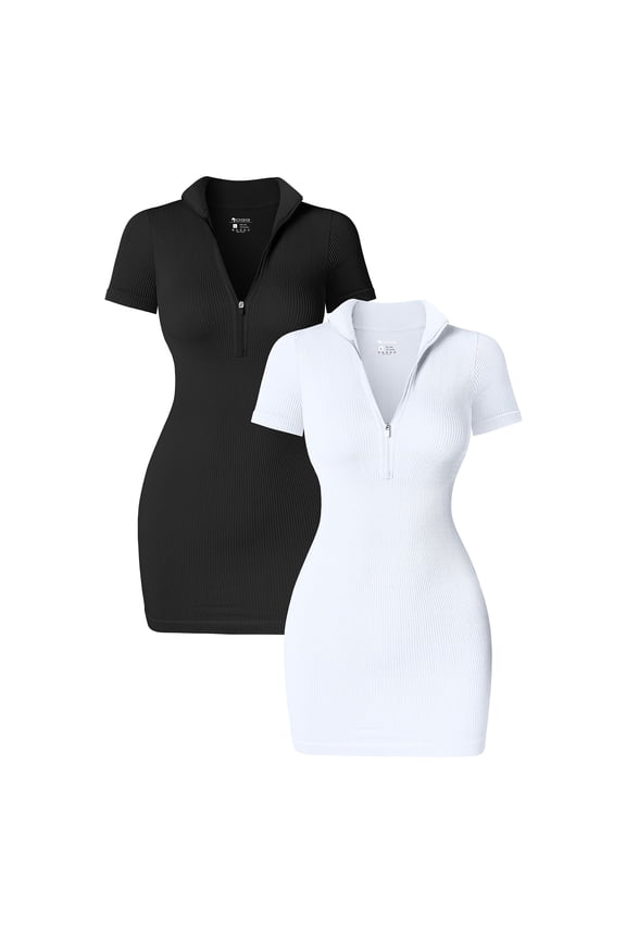 Women's 2 Piece Dresses Sexy Ribbed Zip Front Short Sleeve Stretch Tops Mini Dress