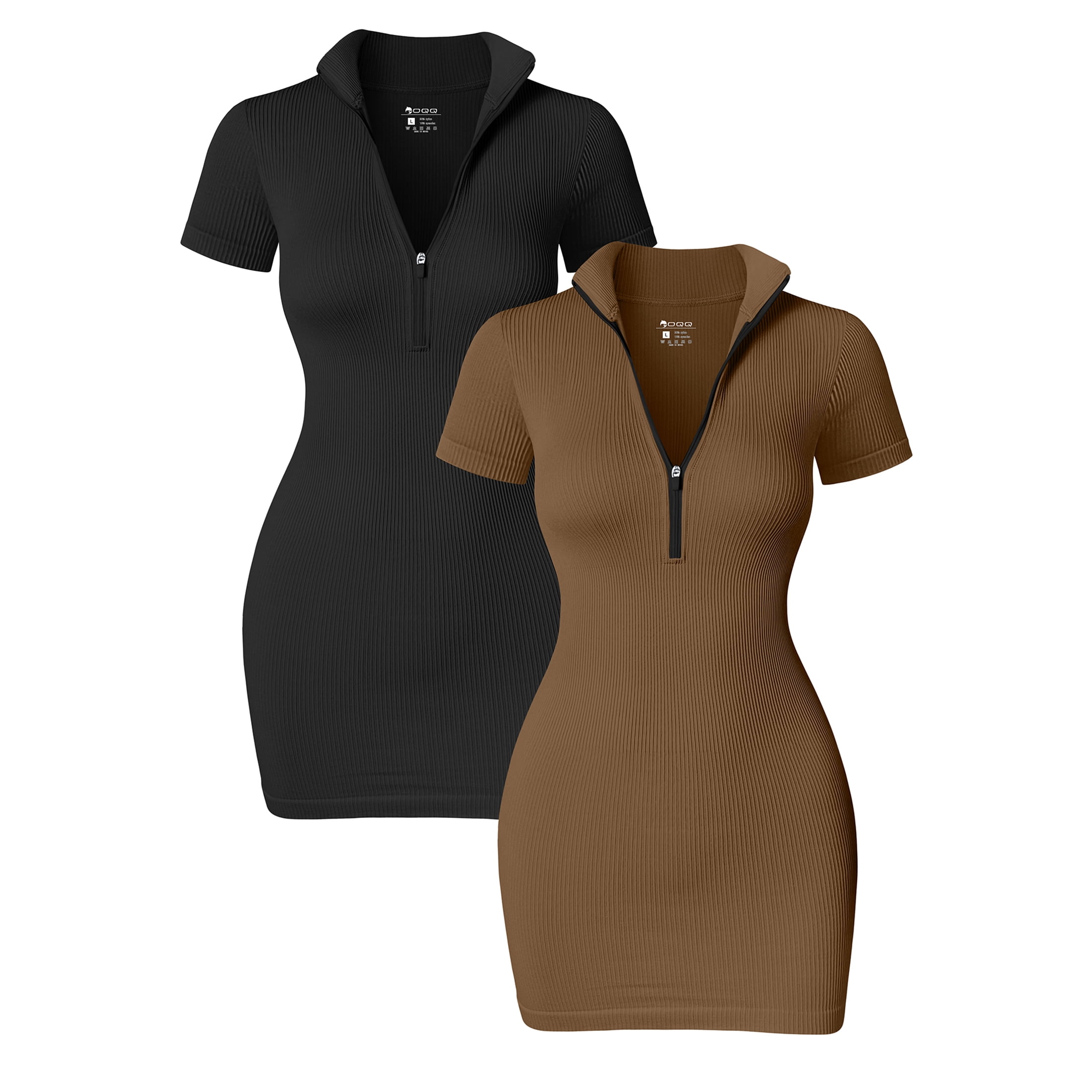 OQQ Women's 2 Piece Dresses Sexy Ribbed Zip Front Short Sleeve Stretch Tops Mini Dress