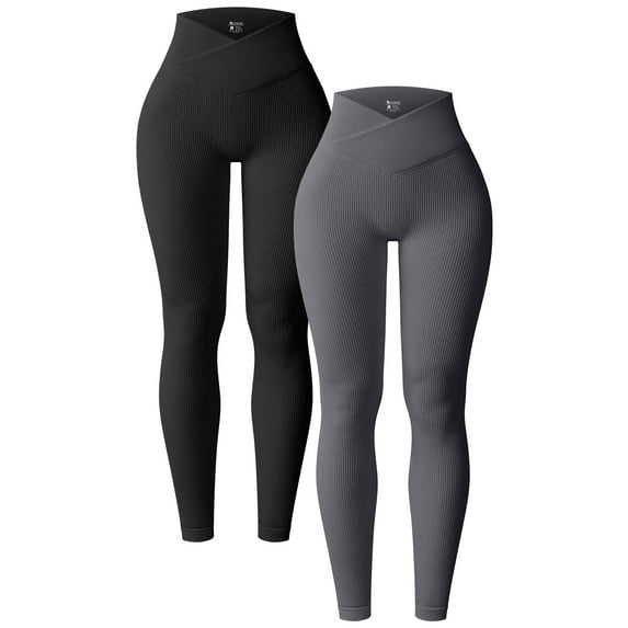 OQQ Women's 2 Piece Yoga Leggings Ribbed Seamless Workout High Waist Cross Over Athletic Exercise Leggings