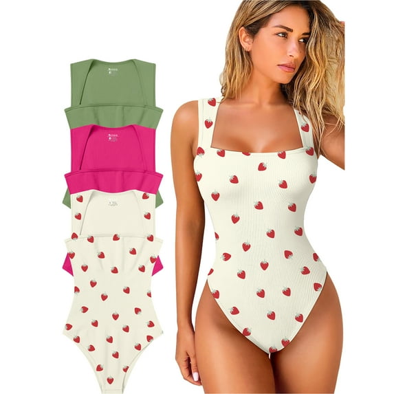 OQQ Women's 3 Piece Bodysuits For Women Sexy Ribbed Strappy Square Neck Stretch Tank Tops Bodysuits
