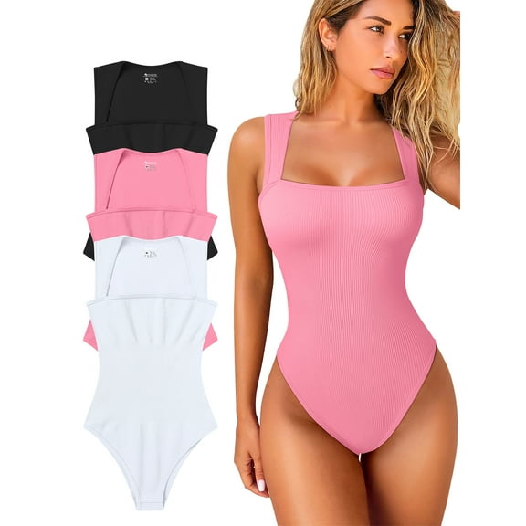 OQQ Women's 3 Piece Bodysuits For Women Sexy Ribbed Strappy Square Neck Stretch Tank Tops Bodysuits