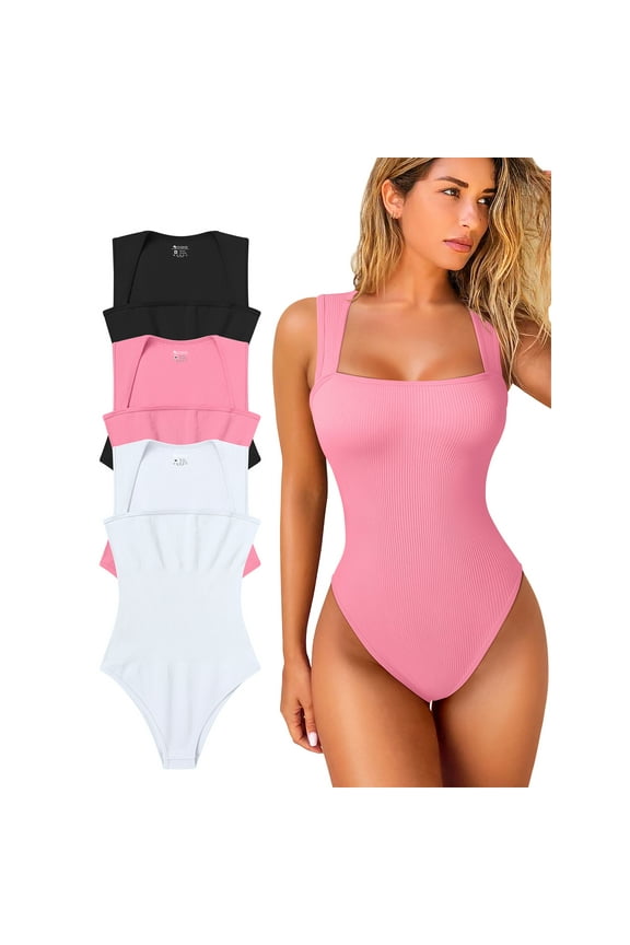 Women's 3 Piece Bodysuits For Women Sexy Ribbed Strappy Square Neck Stretch Tank Tops Bodysuits