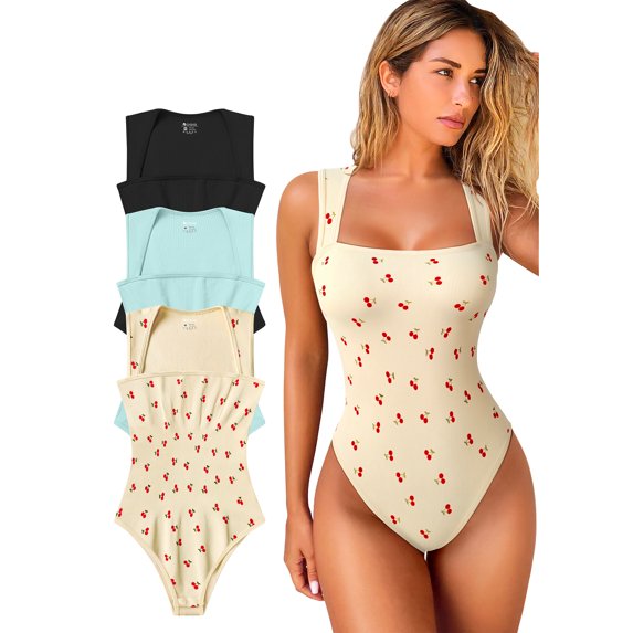 OQQ Women's 3 Piece Bodysuits For Women Sexy Ribbed Strappy Square Neck Stretch Tank Tops Bodysuits