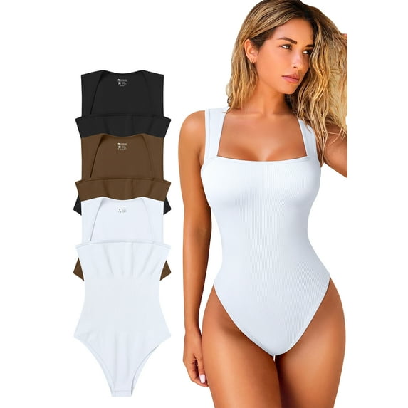 OQQ Women's 3 Piece Bodysuits For Women Sexy Ribbed Strappy Square Neck Stretch Tank Tops Bodysuits