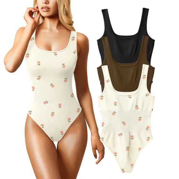 OQQ Women's 3 Piece Bodysuits Sexy Ribbed Sleeveless Square Neck Tank Tops Leotard 2025 Trendy Outfits