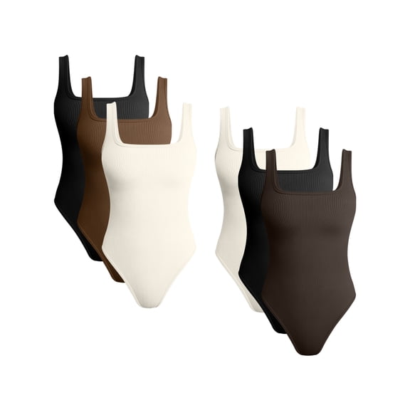 OQQ Women's 6 Piece Bodysuits Sexy Ribbed Sleeveless Square Neck Tank Tops Leotard 2025 Trendy Outfits
