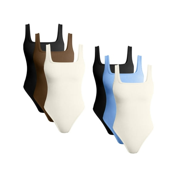 OQQ Women's 6 Piece Bodysuits Sexy Ribbed Sleeveless Square Neck Tank Tops Leotard 2025 Trendy Outfits