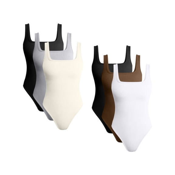 OQQ Women's 6 Piece Bodysuits Sexy Ribbed Sleeveless Square Neck Tank Tops Leotard 2025 Trendy Outfits