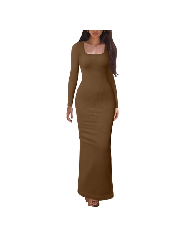 Women's Long Sleeve Dress Square Neck Ribbed Bodycon Long Soft Dresses
