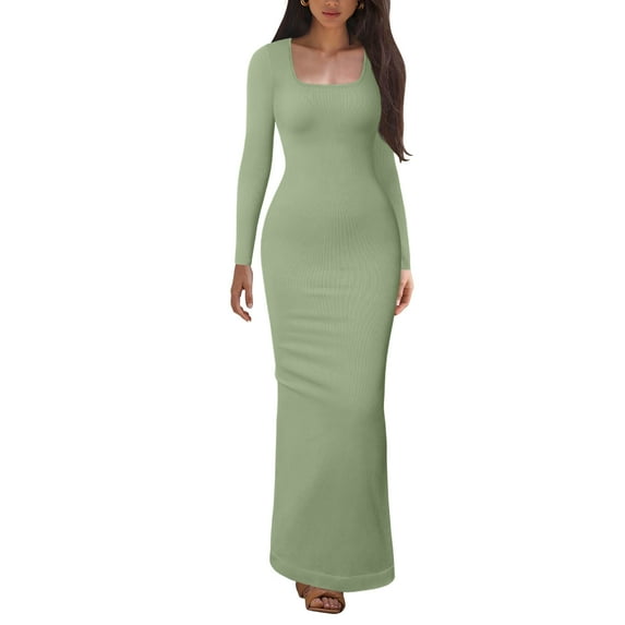 OQQ Women's Long Sleeve Dress Square Neck Ribbed Bodycon Long Soft Dresses