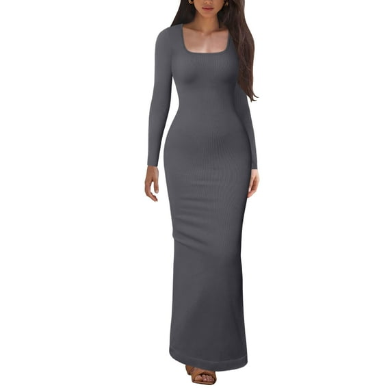 OQQ Women's Long Sleeve Dress Square Neck Ribbed Bodycon Long Soft Dresses