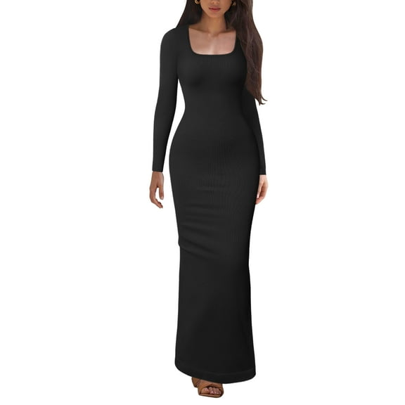OQQ Women's Long Sleeve Dress Square Neck Ribbed Bodycon Long Soft Dresses