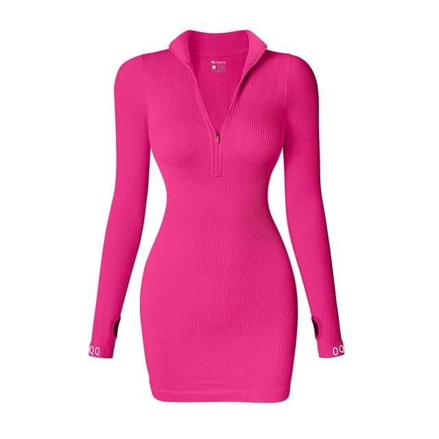 OQQ Women's One Piece Dresses Sexy Ribbed Zip Front Long Sleeve Tops ...