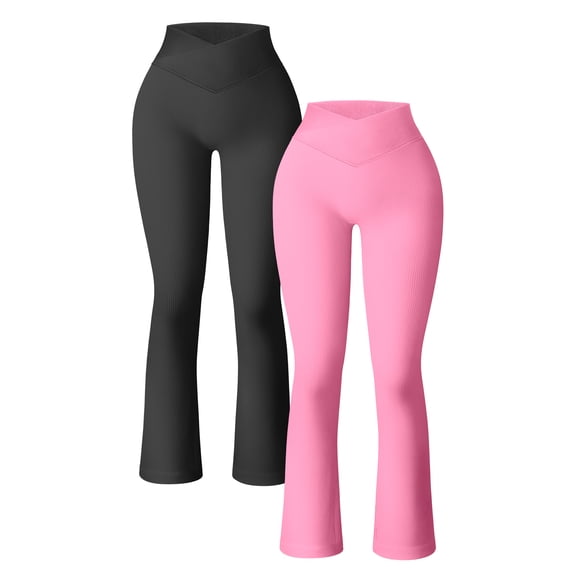 OQQ Women's Yoga Pants Ribbed Seamless Workout High Waist Cross Over Bell Bottoms Exercise Flare Leggings