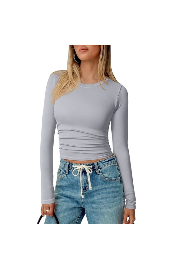 Women's Shirts Long Sleeve Crew Neck Ruched Stretch Basic Fitted Tee Shirts Tops