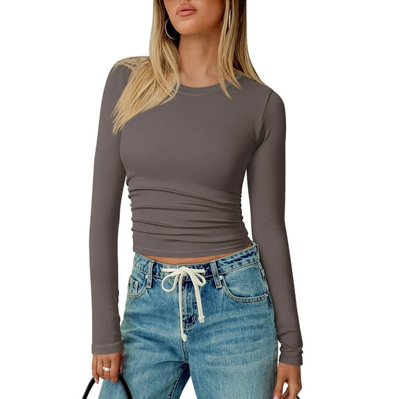 OQQ Women's Shirts Long Sleeve Crew Neck Ruched Stretch Basic Fitted Tee Shirts Tops