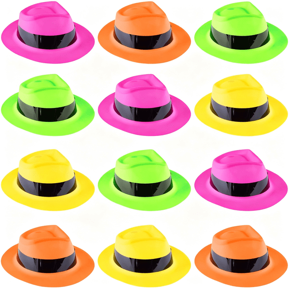 OQRKI 12 Pack Neon Mafia Style Gangster Fedora Dress Hats Children'S Birthday Props Supplies Favors Party Hats for Kids