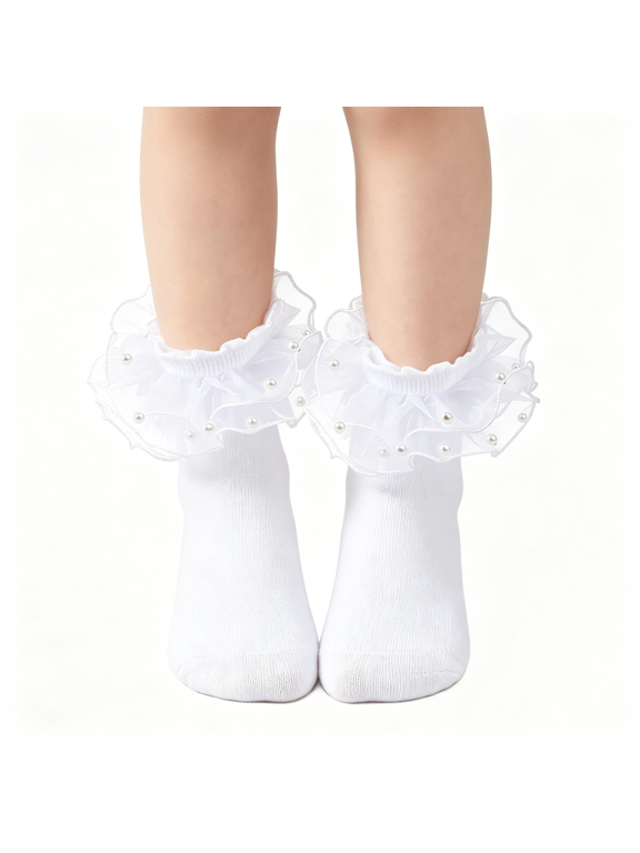 2 Pack Girls Ruffle Lace Socks Novelty Frilly Ankle Socks White Princess Dance Dress Socks with Pearls Womens Athletic Socks