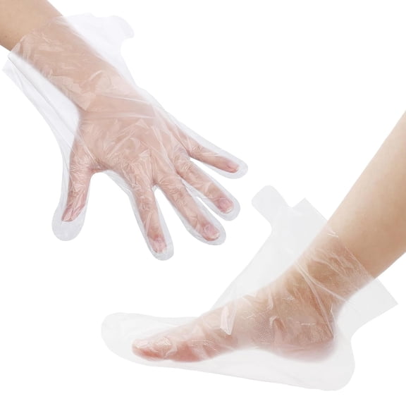OQRKI 200Pcs Disposable Plastic Foot Covers & Gloves, Clear Paraffin Wax Bath Liners for Pedicure Hair Coloring, Unisex Spa Hand Mask Supplies with Stickers