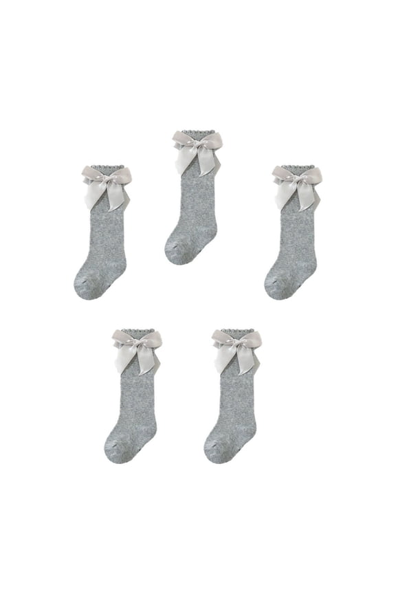 2026 New 5Pcs Kids Socks Multi Occasion Use Girls Socks Exquisite Large Bow Design Comfortable Loose Cuff Design Cute Socks Gray for School Wear Casual Outings Holiday Gifts Everyday Comfort.