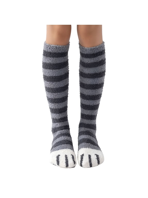 2026 New Fuzzy Socks for Women Cozy Warm Coral Fleece Knee High Socks Cat Stripe Cute Winter Slipper Sock Thick Bed Sock Girls Stocking for Home, Sleep, Lounge, Winter, Casual Dark Gray