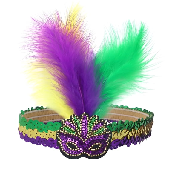 OQRKI 2026 New Mardi Gras Fleur De Lis Headbands Sequin Feather Fascinators Headwear Headpieces Hair Band for Mardi Gras Masquerade Mask Party Carnival Halloween Wedding Multicolor