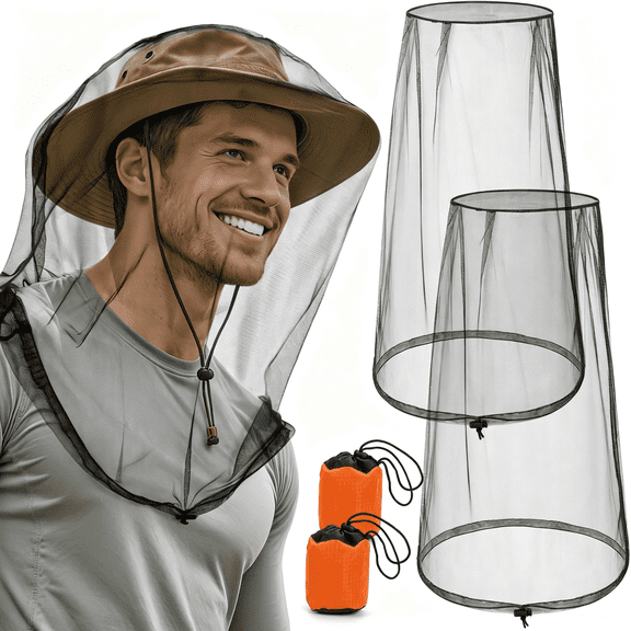 OQRKI 2Pcs Premium Mosquito Head Nets with Drawstring, Breathable Ultra Large Bug Net for Head, Mosquito Net Hat for Men and Women, Universal Fit for Hats, Essential for Outdoor Activities Black