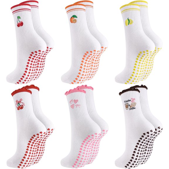 OQRKI 3/6 Pairs Cute Pilates Socks for Women,Non Slip,Embroidery,Ruffle,Cotton Crew Grippy Yoga Socks,Yoga Ballet Home Workout,3/6 Pairs Embroidered Socks