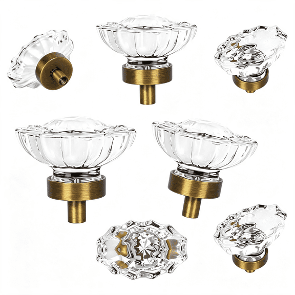 OQRKI 4 Pack Antique Brass Crystal Drawer Knobs Oval Glass Crystal Drawer Pulls | Kitchen Cabinet Dresser Cupboard Wardrobe Vintage Knobs Elegant Crystal Cabinet Knobs
