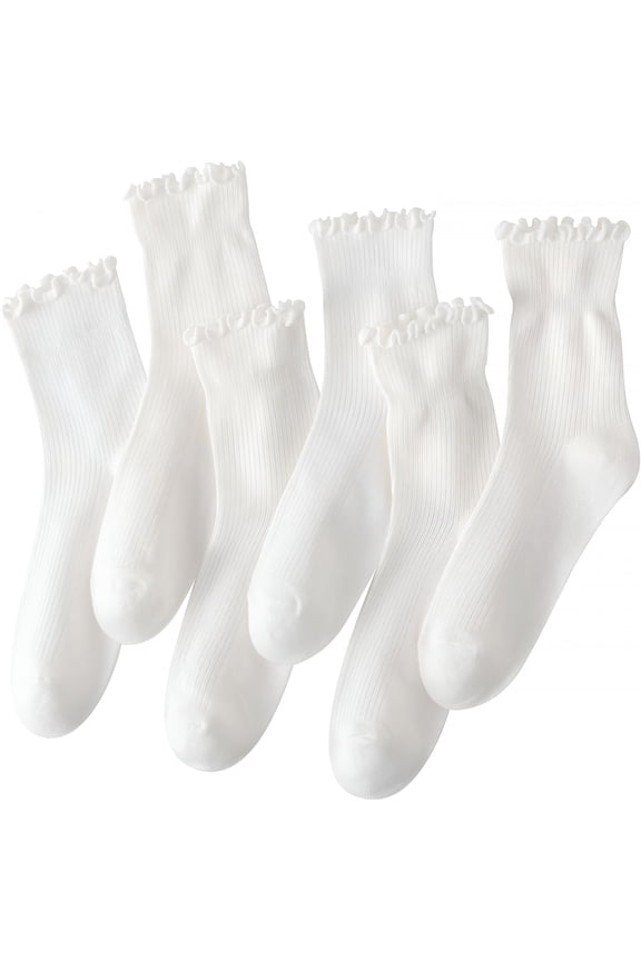 6 Pair Women Ankle Ruffle Socks for Girls Casual Cute Slouchy Breathable Ribbed Knit Fall Frilly Crew Athletic Socks