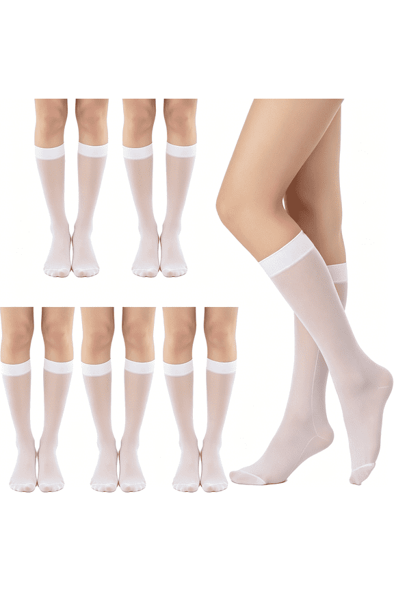 6 Pairs Sheer Knee High Stockings for Women 20 Denier Silky Toes White Knee High Stockings Ultra Stretchable Nylon Trouser Socks over Calf Stocking(One Size)