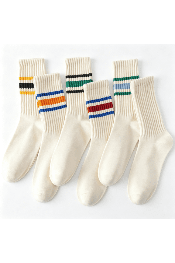 6 Pairs of Neutral Crew Socks, Striped Retro Sports Calf Leather Socks, Casual Cotton Socks for Men & Women7-15, Socks for Men