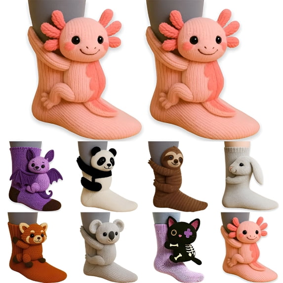 OQRKI Animal Print Socks, 3D Knit Animal Socks, Hand Crocheted Double Layer Cotton Warm Socks, Cute Animal Themed Socks for Kids And Adults Pink