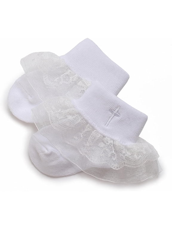 Baptism Socks for Baby Girls,White Cotton Christening Socks with Cross&Lace Ruffle Trim for Newborn&Infants Newborn Socks