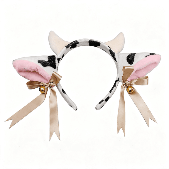 OQRKI Cow Ears and Horns Headband Bow Ribbon Bells Headwear Elastic Hair Hoop for Party Animal Cosplay Costume, Adorable Cow White