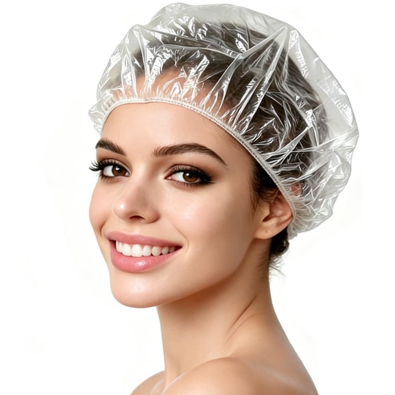OQRKI Disposable Shower Caps,120Pcs 20.5Inch Clear Thick Waterproof Plastic Hair Caps,Extra Large Elastic Bath Caps for Women Men,Hair Treatment,Home Spa Hotel Salon Travel