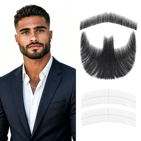 OQRKI Fake Mustache,Mustach,Goatee,Human Hair Fake Beard,Full Handmade | Invisible Lace Hand-Tied Mustache,Realistic Facial Hair for Cosplay,Theater,Costume,And Daily Use (Black)