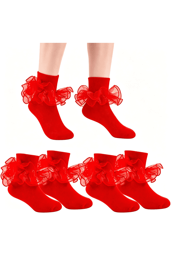 Girls Ruffle Socks Toddler Girl Frilly Dress Socks Kids Lace Pageant Ankle Sock for Church Tutu Sock for Girls Sweet Red Ruffle Socks for Girls
