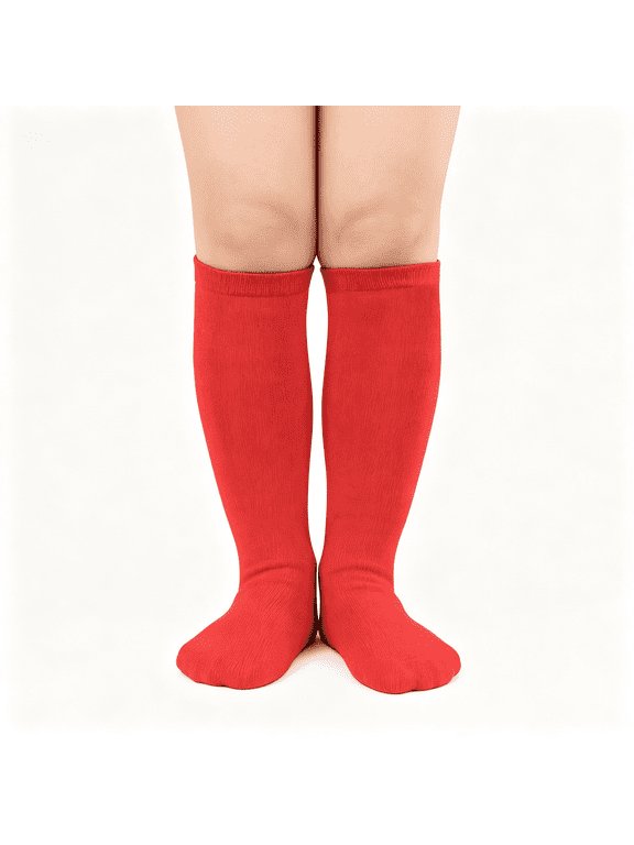Kids Soccer and Baseball Knee High Socks-Girls Cotton Long Seamless Socks for 3-12 Years Vibrant Red Socks