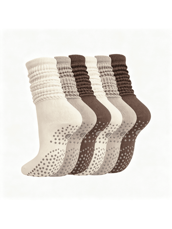 Pilates Socks for Women-6/12 Pairs Anti-Slip Slouch Grip Socks,Mid-Calf Yoga&Barre Socks for Exercise,6/12 Pairs Pilates Grip Socks Women
