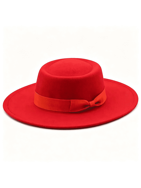 Wide Brimmed Fedora Hats with Bow Belted, Flat Top British Style Vintage Panama Felt Cap, Flat Brimmed Jazz Hat Wide Brimmed Fedora Hats with Bow Belted Red Fedora Hats for Women