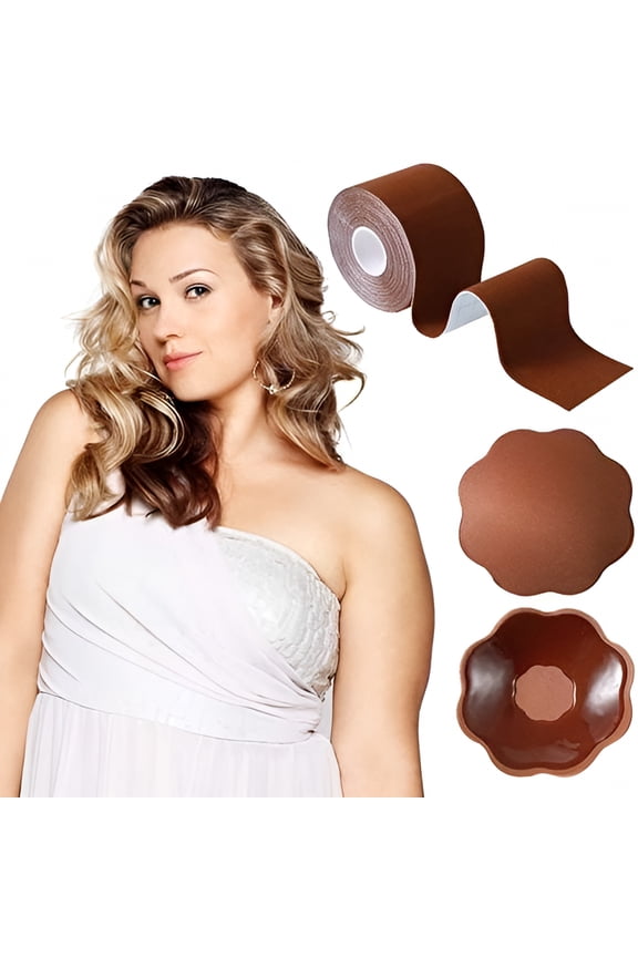 XL Breast Lift Tape for Large Breasts, Breathable Boob Tape for Breast Lift, Athletic Tape Body Tape with Reusable Nipplecover Adhesive Bra Brown