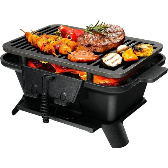 ORALNER Cast Iron Hibachi Grill, Portable Tabletop Grill with Double-Sided Grill Net, 2 Heights, Air Control & Coal Door, Small Outdoor BBQ Charcoal Grills, for Camping, Picnic