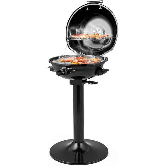 ORALNER Electric BBQ Grill with Stand, Warming Rack & Drip Tray, 15-Serving Electric Griddle Indoor & Outdoor Cooking Grilling Portable Patio Grill, for Balcony, Garden, Apartment, 1600W (Black)