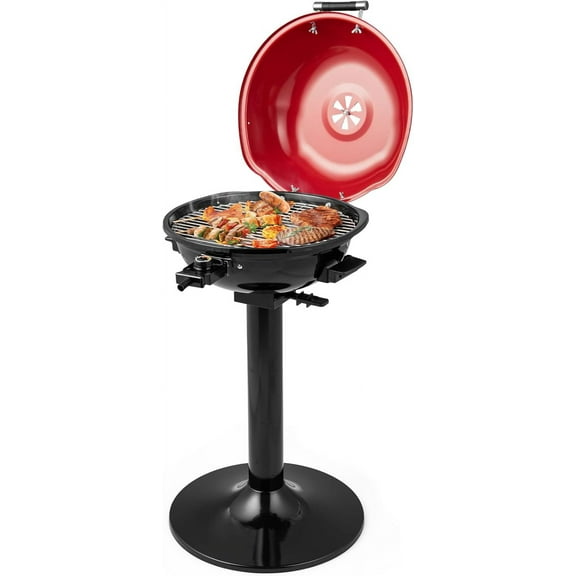 ORALNER Electric Grill Outdoor/Indoor, 15- Serving Electric Barbecue Grill w/Round Lid, Removable Non-Stick Grilling Rack, Oil Drip Tray, 1600W Portable Standing BBQ Grill for Apartment Balcony Patio