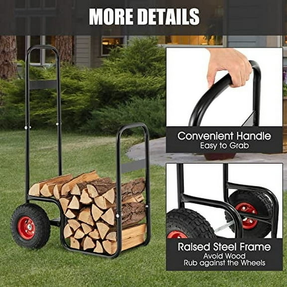 ORALNER Firewood Log Cart Carrier, 26" Fire Wood Moving Carts with Large Rubber Wheels, Firewood Rack Storage Mover Indoor Fireplace Log Holder Wood Stove Rolling Dolly Hauler for