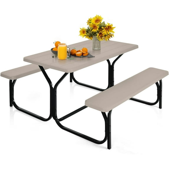 ORALNER Picnic Table, Plastic Dining Table & 2 Benches Set, Weather Resistant Wood Grain Resin Tabletop & Steel Frame, Picnic Tables for Outdoors, Porch Yard Patio Lawn Party Camping (Light Brown)